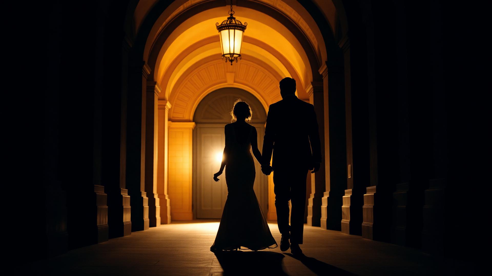 Couple walking hand in hand through a lantern-lit archway at night
