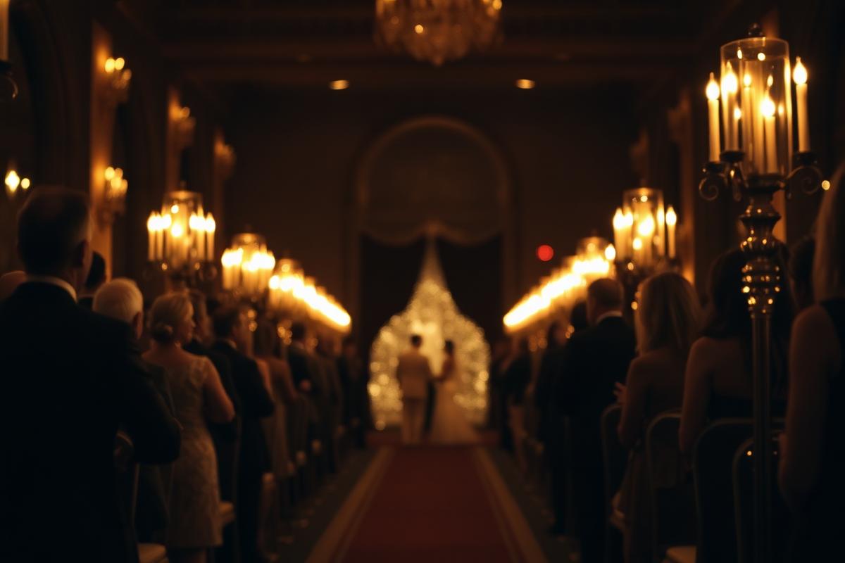 Candlelit wedding ceremony aisle in an elegant ballroom