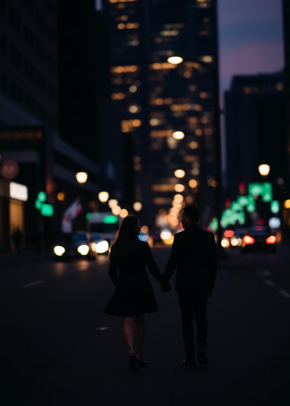 Engagement session with a couple walking a downtown Toronto street at dusk
