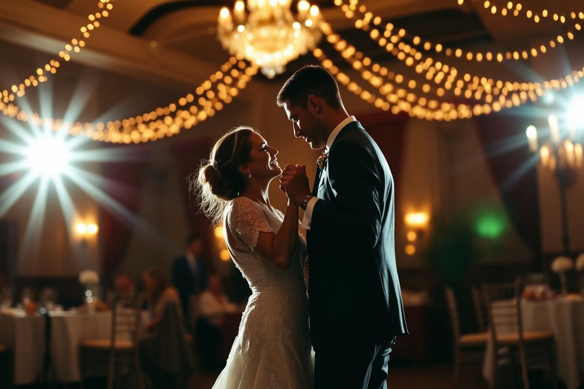 Newlyweds sharing their first dance under warm string lights