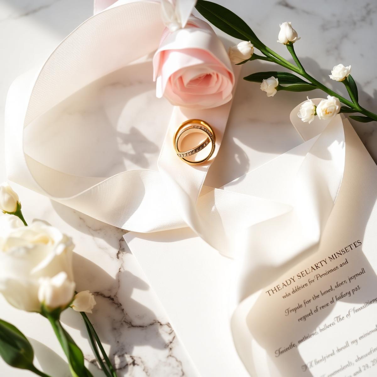 Gold wedding rings, silk ribbon and stationery detail on marble