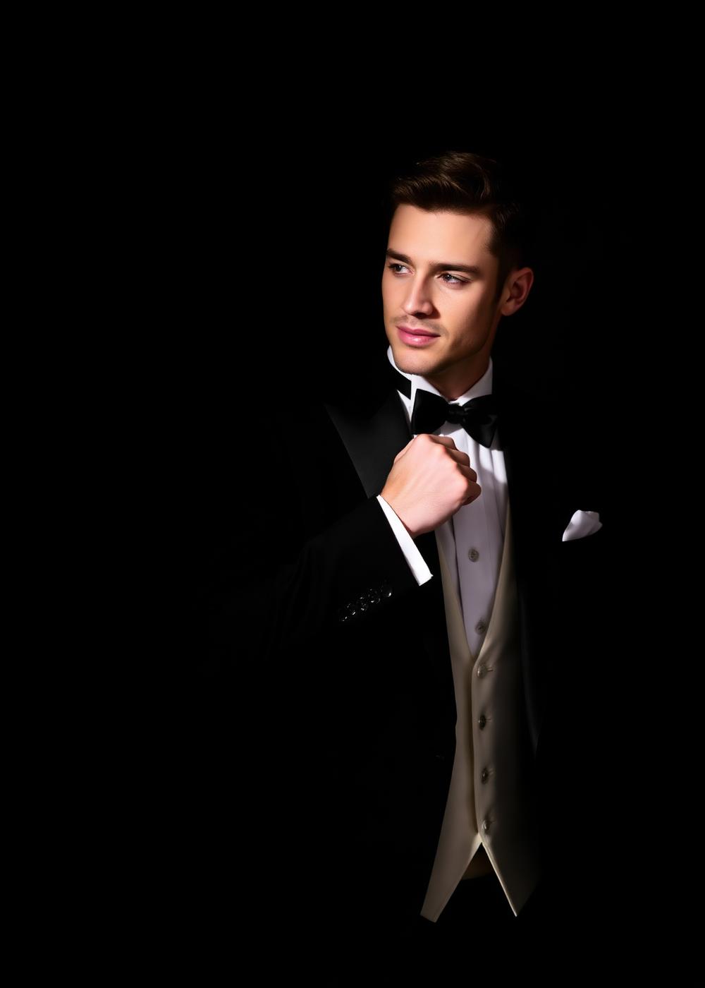 Groom portrait in a black tuxedo lit against a dark wall
