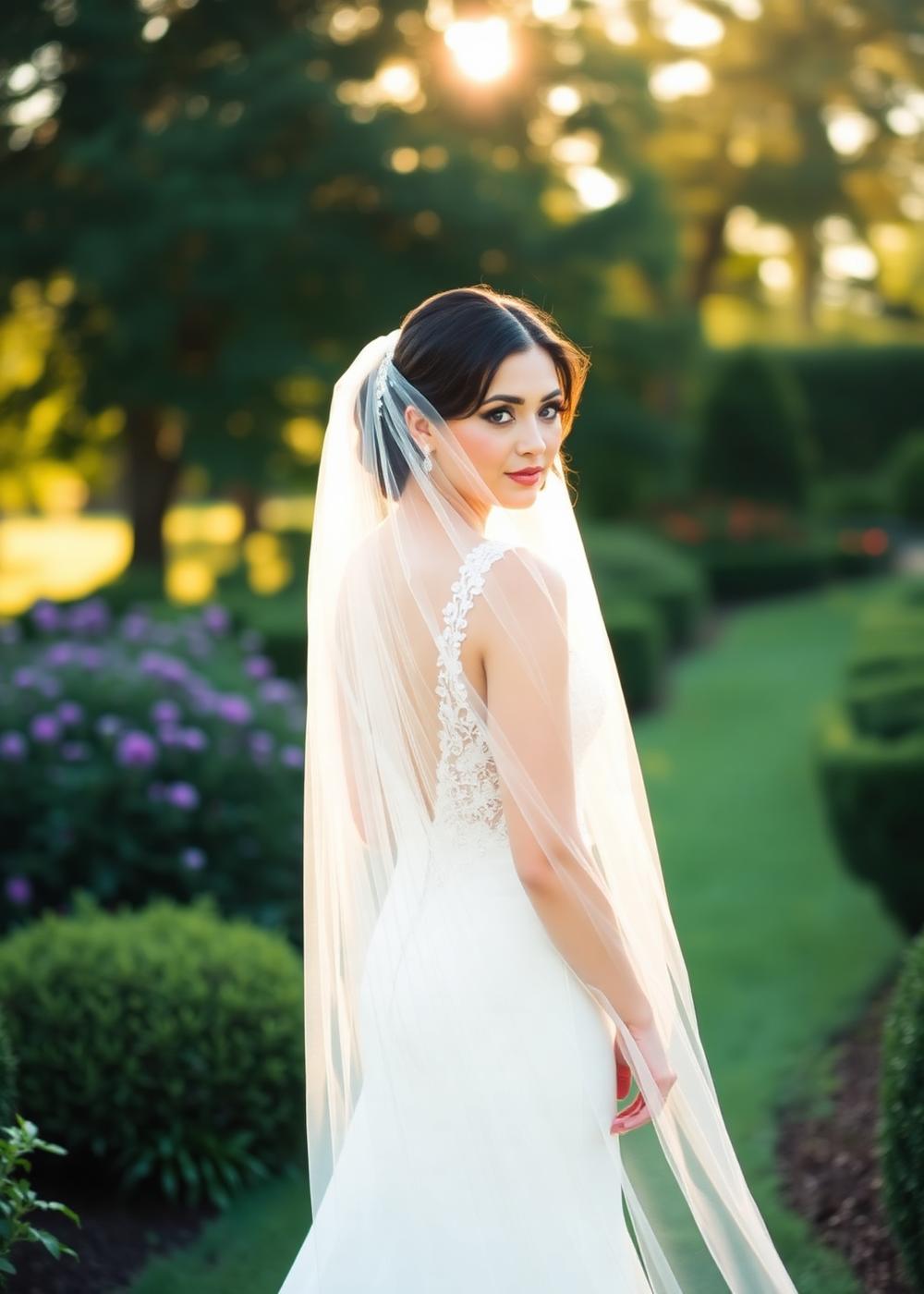 Bride portrait with long veil in a garden at sunset